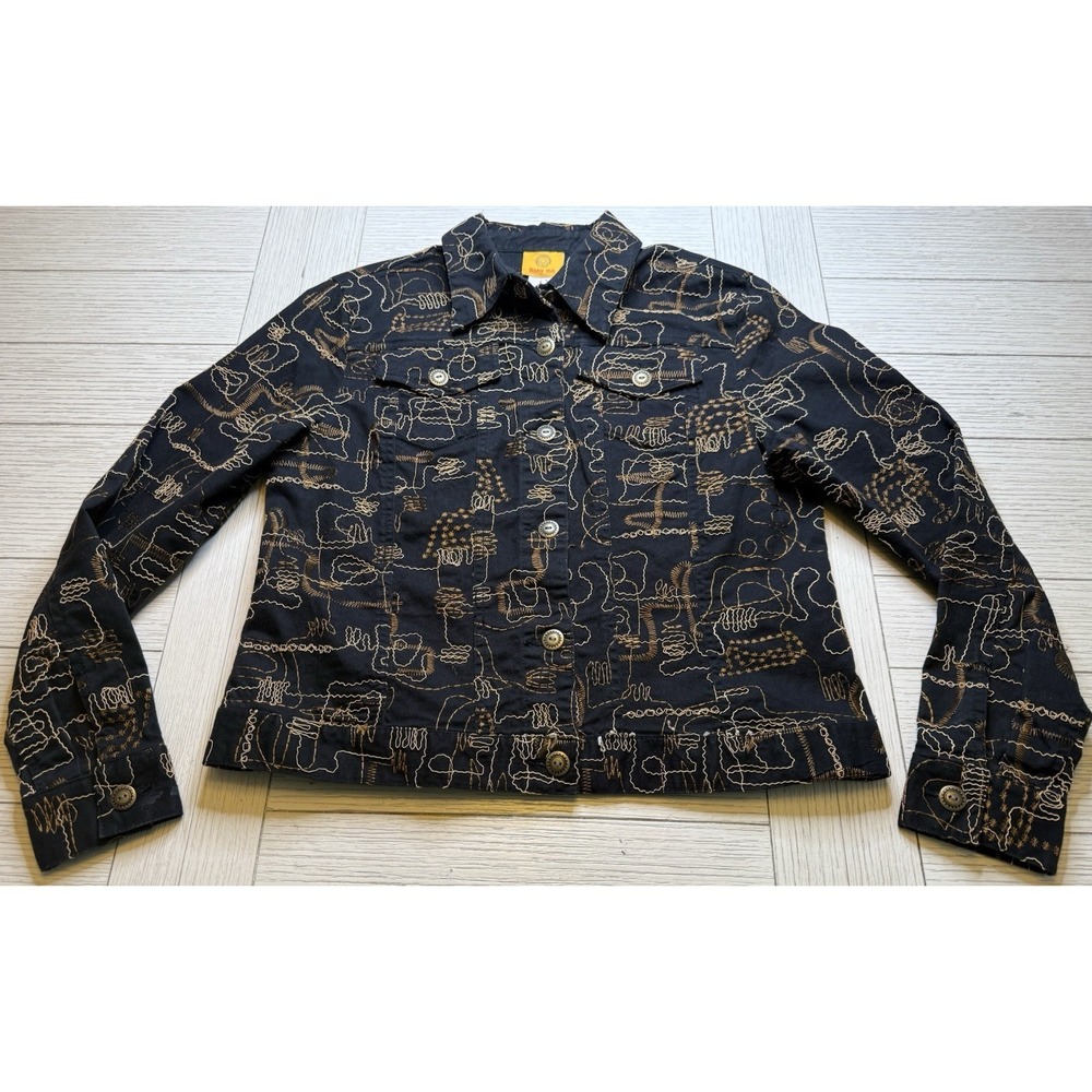 Ruby Rd Women Blazer Jacket Black Brown Gold Embroidered Abstract Button Front 8